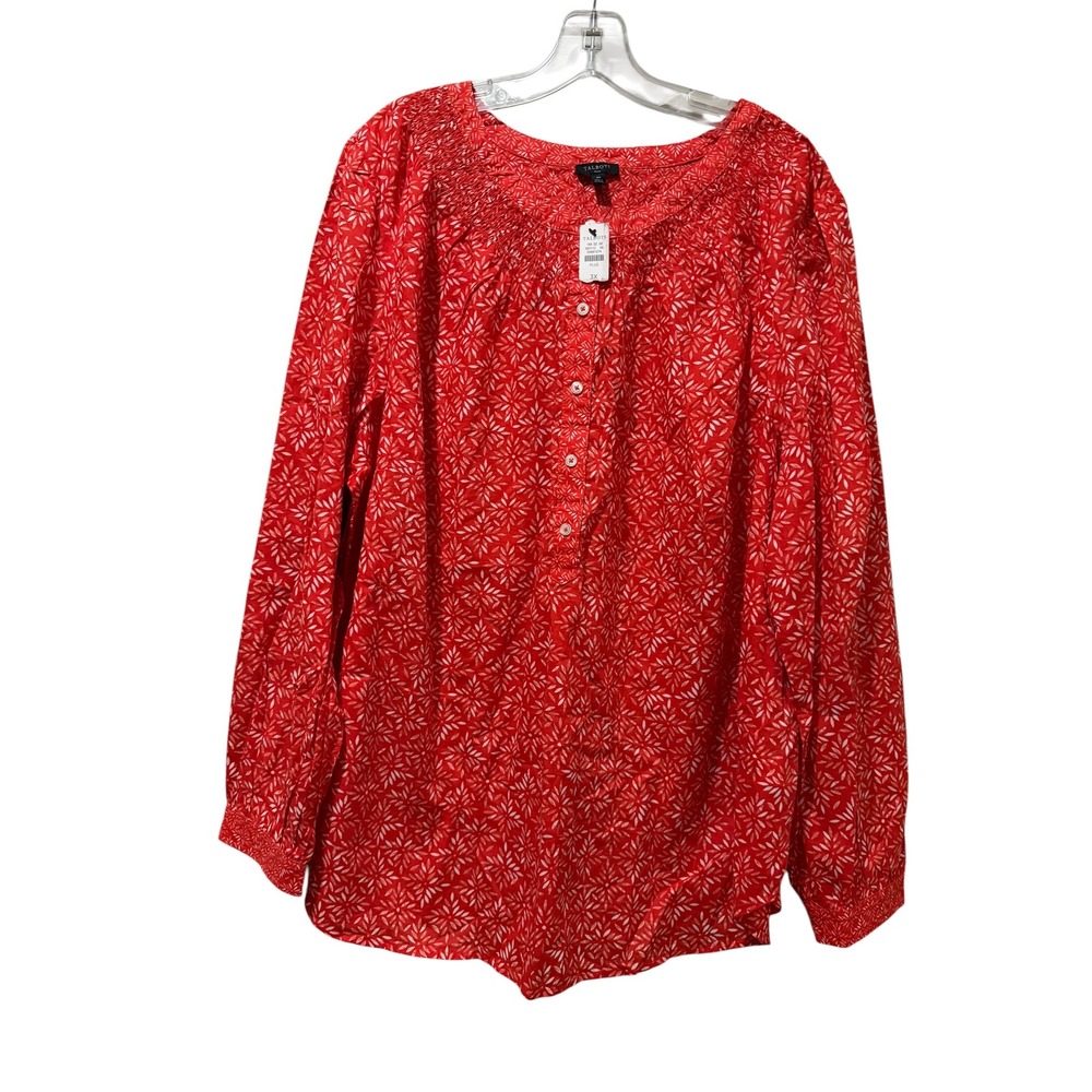 Talbots Plus Size 3X Red White Print Cotton Smocked Neck Blouse Top NWT